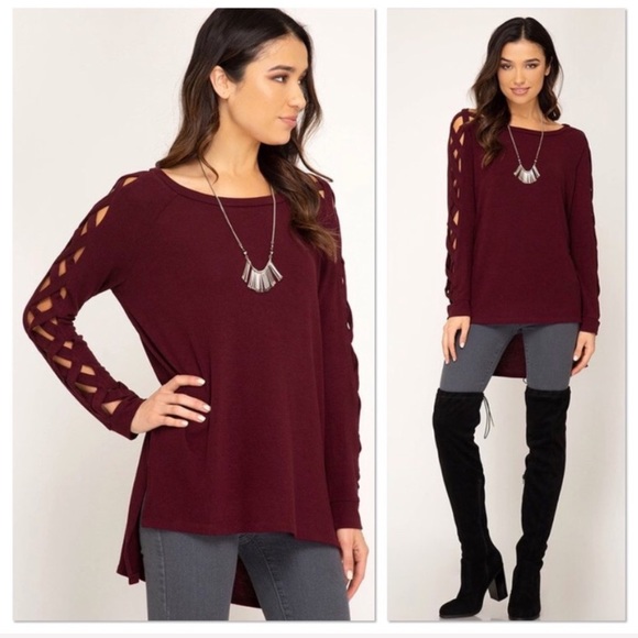 Wine Criss Cross Sleeve High Low Top - Picture 3 of 7